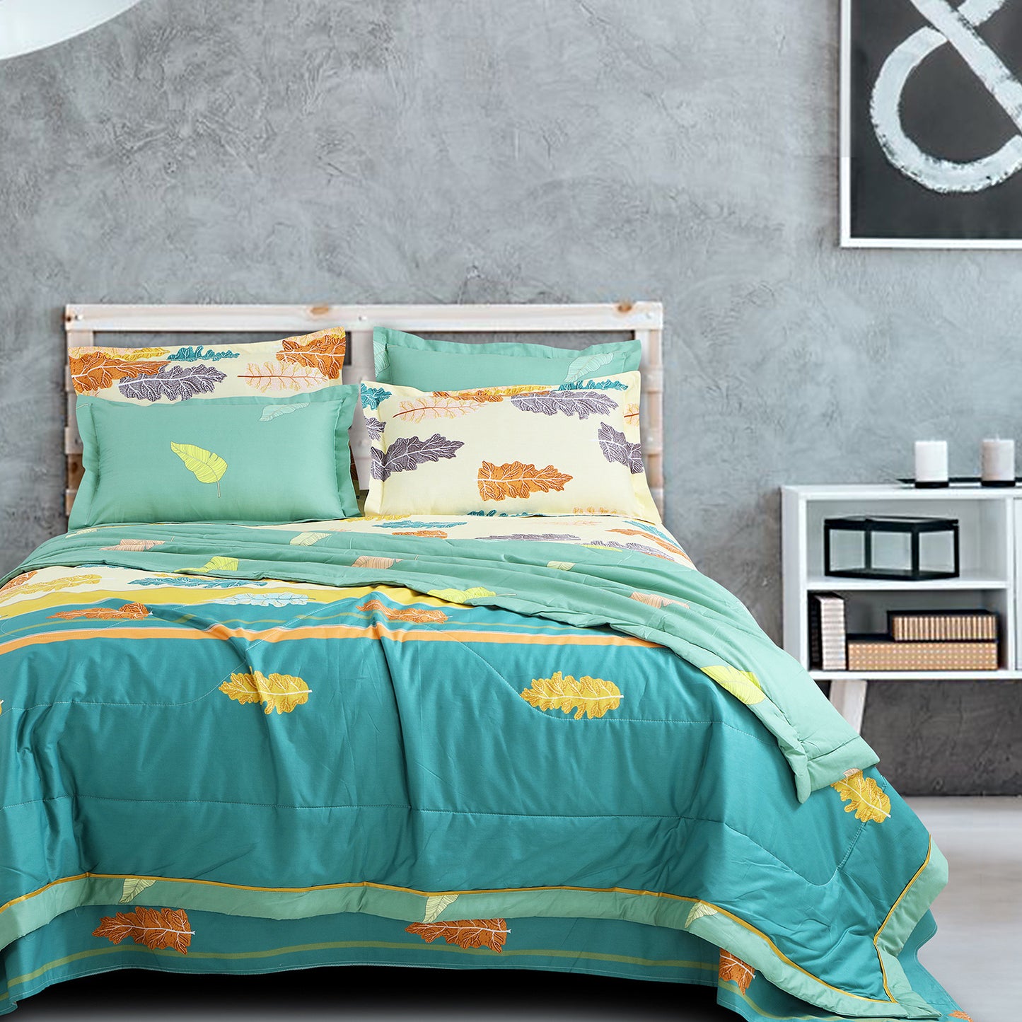 Fusion sage green and teal with floral print Bedding